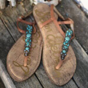 Sam Edelman Turquoise Stone Thong Tan Leather Cork Footbed Flat Sandals Sz 9
